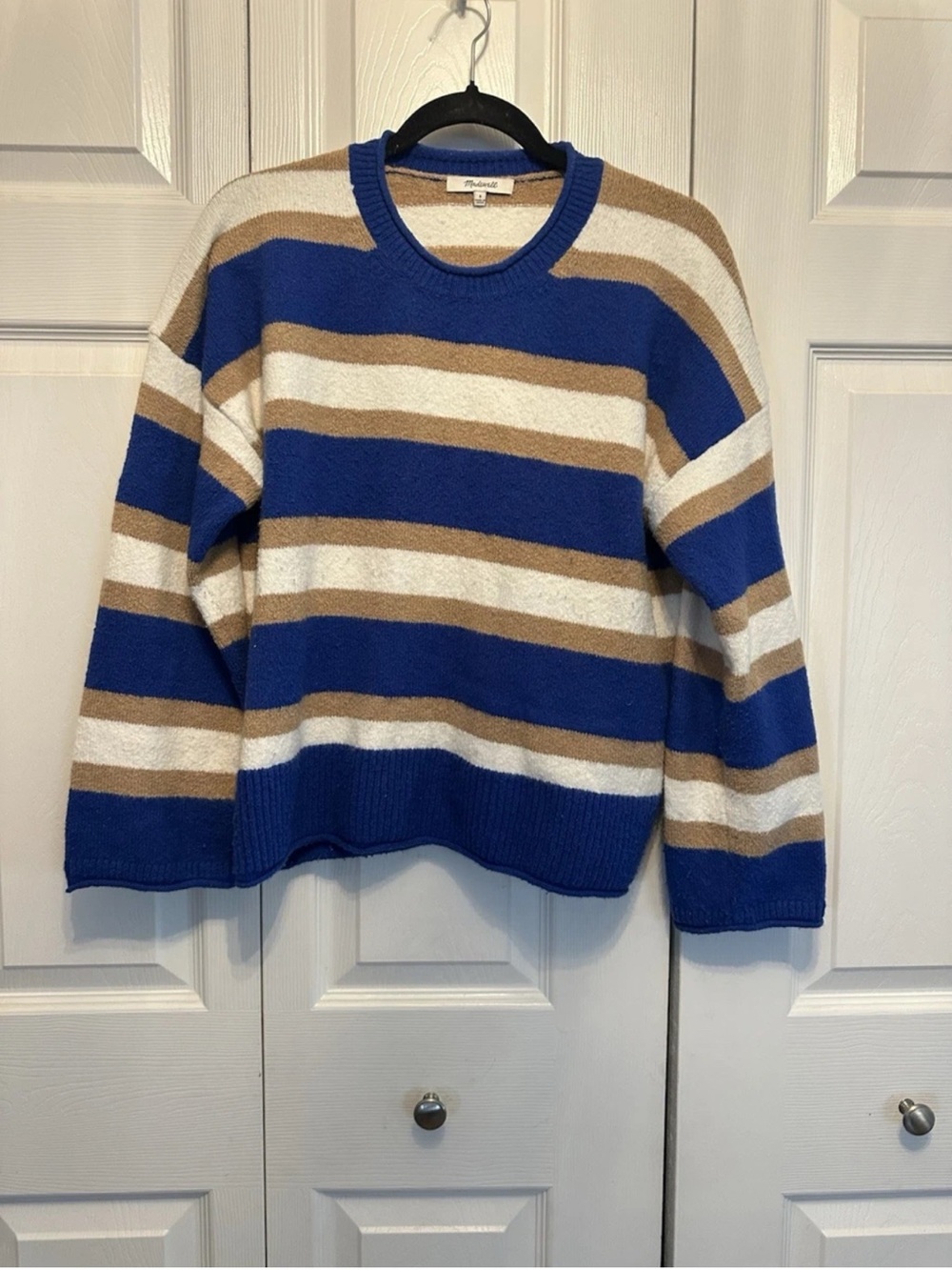 Madewell Blue, White & Brown Striped Crewneck Sweater
